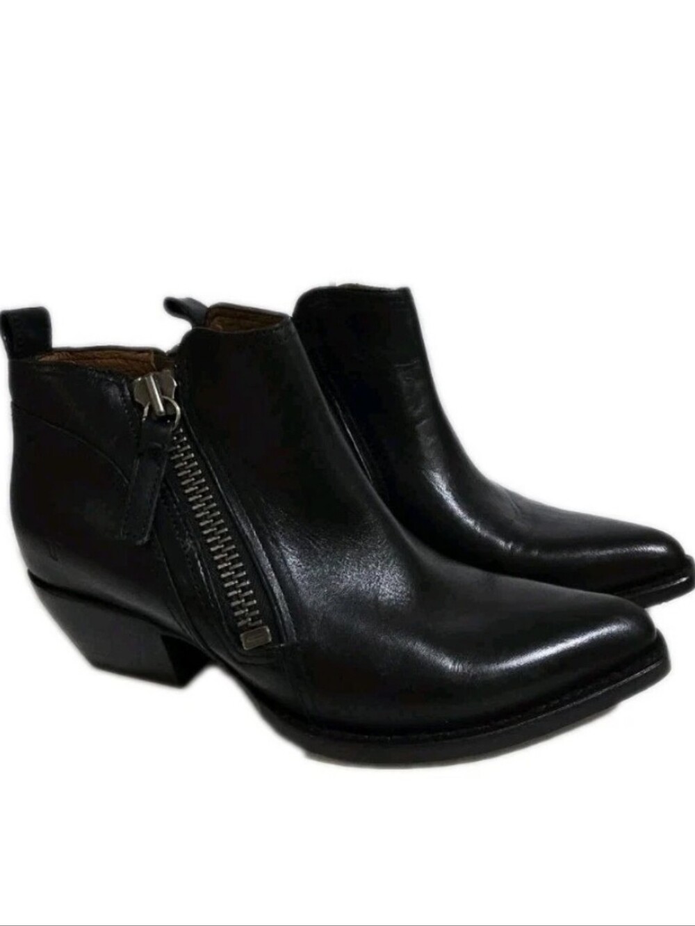 FRYE Boots Dual Zipper Leather Black Pointed Toe Booties Size 6.5 B